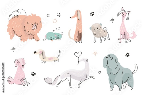 Cartoon dog collection. Pose dogs, puppy portrait stickers. Flat doodle puppies characters for kids. Funny pets actions, sleeping and running, nowaday vector set