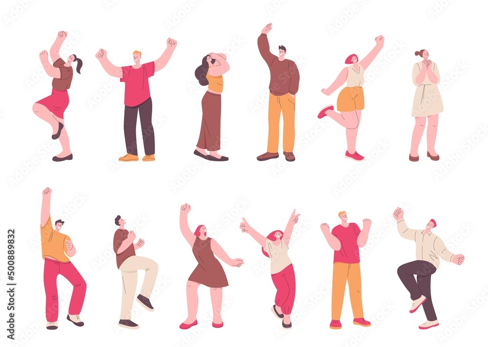 Different happy people. Success person, welcome yeah and okay emotions. Thumb up, isolated businessman celebrate win. Positive kicky students vector set Different happy people. Success person, welcome yeah and okay emotions. Thumb up, isolated businessman celebrate win. Positive kicky students vector set
