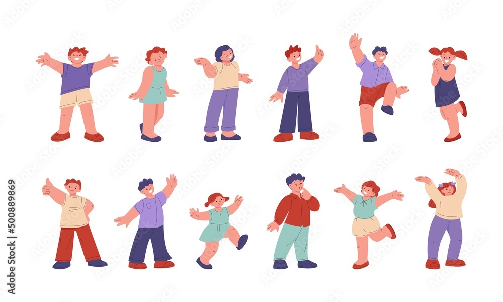 Happy jumping children. Happiness fun kids, positive energetic characters. Cartoon healthy joyful school student, different isolated kicky vector teenagers