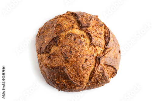 Fresh homemade golden grain bread with wheat and rye isolated on white, top view, close up.