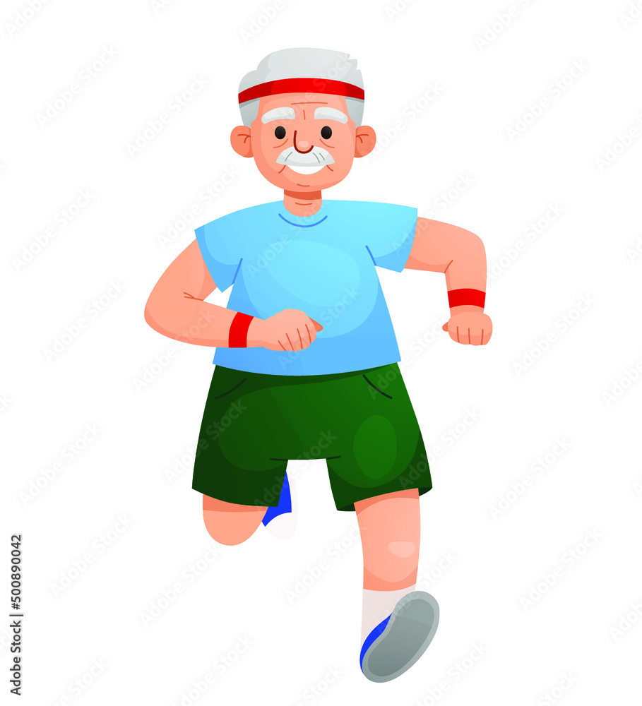 Old Man Running Along Street Side Doing Sport. Pensioners Outdoors Activity and Sport,  Fitness, Healthy Lifestyle. Cartoon People Vector Illustration
