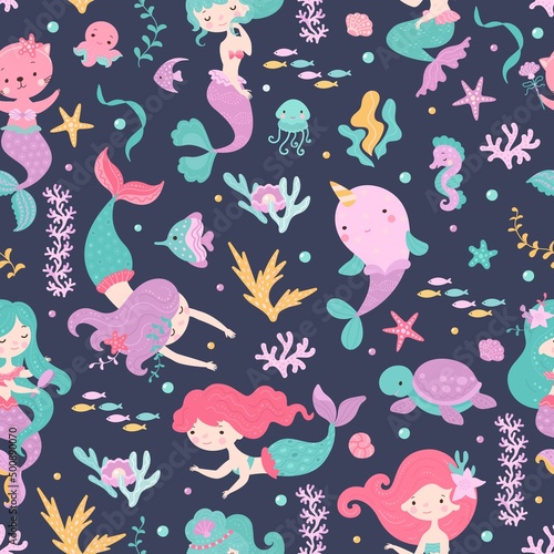 Mermaid seamless pattern. Narwhal and turtle  cartoon cat with fish tail. Cute sea creature  fabric print with beautiful mythical creatures  nowaday vector background
