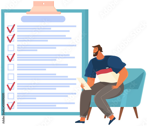 Man sitting with laptop near big paper clipboard with check marks, to do list. Successful time management, schedule planning. Male character with checklist, task planner program on computer