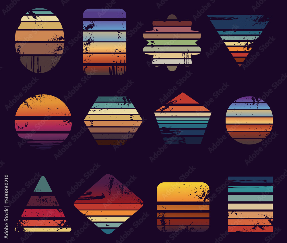 Sunrise vintage prints. Grunge sunset logo diverse shapes. Vintage california beach retro labels, 80s 90s surf beach t-shirt neoteric vector stickers - obrazy, fototapety, plakaty 