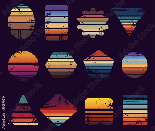 Sunrise vintage prints. Grunge sunset logo diverse shapes. Vintage california beach retro labels, 80s 90s surf beach t-shirt neoteric vector stickers