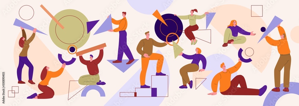 Collecting geometric shapes. Person organizing work and collect abstract figures with team. Business chaos, teamwork together kicky vector illustration