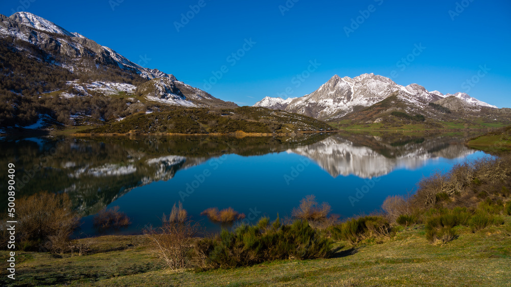 Winter Morning and reflection of  mountains at Riaño reservoir in Spain