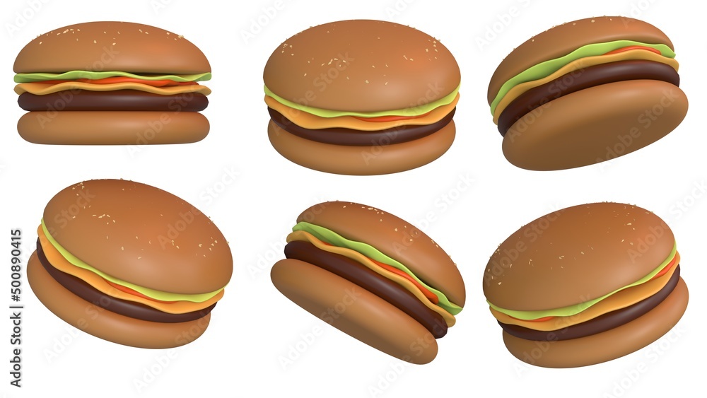 Set of spinning burger in many views rotate in different angles isolated on white background. Cheese bacon tomato. Concept of food. 3D Render Set of spinning burger in many views rotate in different angles isolated on white background. Cheese bacon tomato. Concept of food. 3D Render