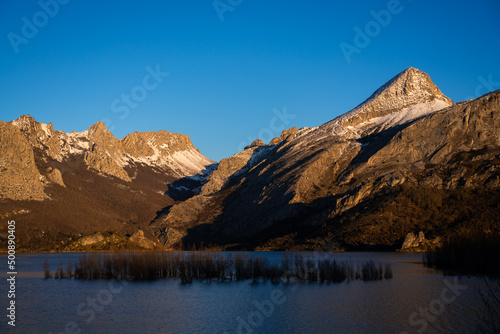 Sunrise over mountains at Riaño reservoir in Spain