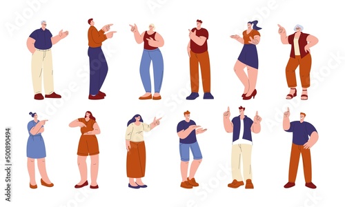 People point. Pointing direction, man pointed on something. Businesswoman and seniors, happy worker characters finger up, kicky vector gestures person