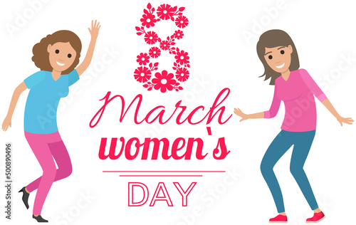 Banner for International Women s Day. Flyer for March 8 with decor and different fonts. Pattern of spring holiday. Girls dancing and enjoying holiday. Happy women on March 8 vector illustration