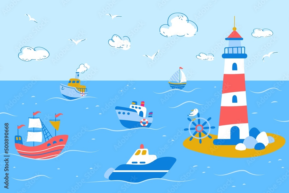 Cute ship and cruiser in ocean landscape. Cartoon sailboat trip and lighthouse. Horizontal childish background, nowaday sea adventures vector banner - obrazy, fototapety, plakaty 