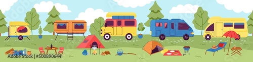 Forest summer vacation. Camping adventures landscape with campers and hiking elements. Spring travellers rest, picnic relaxation decent vector background