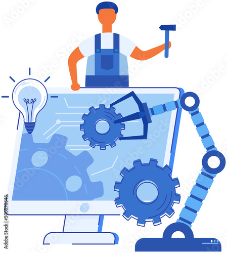 Automation business process with specialist engineer. Company strategy. Work organization. Project management, software development. Automated system concept with computer that builds robot arms