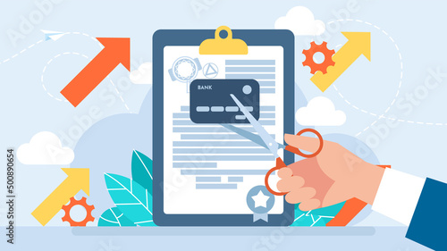 Loan cancellation. Denial of funding. Loan repayment. Lending. Lending metaphor. Mortgage or credit form with stamp approved. Bank service abstract concept. Credit rating. Flat vector illustration.