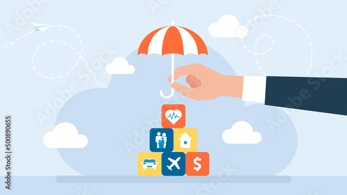 Property insurance. Protection from threats. Insurance and Assurance. Save life, property, car, health, family, travel, home. Broker agent. Family protection care. Flat design. Vector illustration.