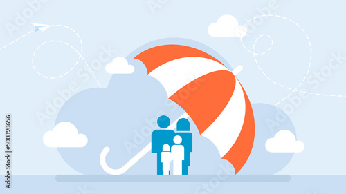 Protecting the family from danger. Life insurance as healthcare protection and family safety. Financial support. Umbrella as risk assistance and guard symbol. Flat design. Vector business illustration