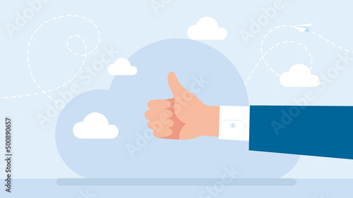 Thumb Up. Aye. Businessman agrees. Finger up. A man raised her finger up as a sign of agreement. Coordination of actions. Hand Thumb Up. Concept of consent. Flat Style. Vector business Illustration.