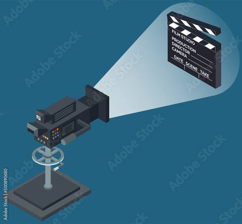 Camera with spotlight aimed at movie clapper. Equipment and elements of filming, movie creation. Professional camera for shooting video in film studio. Clapperboard as symbol of cinematograph