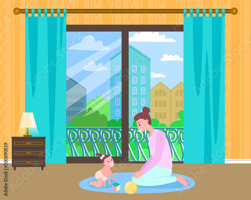 Mother playing game with toddler girl at carpet with ball, cube toys. Happy woman looking at her daughter. Parent and child spend time together at home. Parenting and baby care process concept