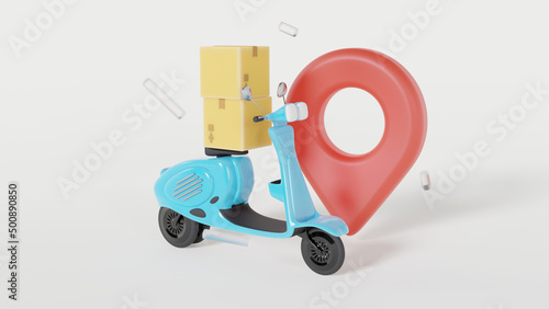 Blue moped with a red address sign and boxes on a white background with geometric glass elements illustration on the theme of delivery 3d render photo