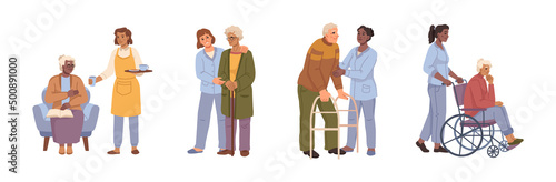 Senior people from nursing home getting care from nurses and helpers assistants. Vector flat cartoon character, grandmother reading book, grandfather trying to walk with stick, aid with wheelchair