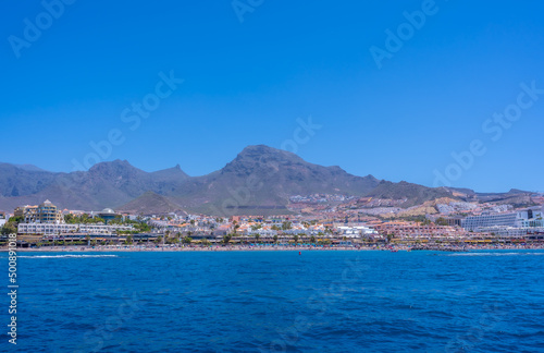 Panoramic view of the Costa de Adeje from a boat in the south of Tenerife, Canary Islands