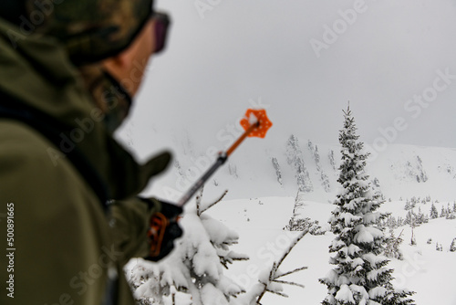 beautiful view of the snow-capped mountains and fir trees and man with ski pole in the foreground