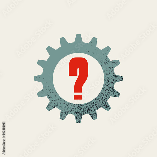 Find solution, business vector concept. Big question mark and gear. Creativity, challenge symbol. Minimal illustration