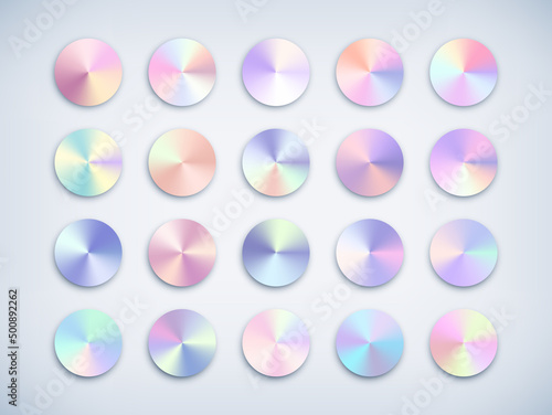 Metal chrome circle gradient color set. Metallic rose gold, bronze, silver, elegant pearl, rainbow swatches palette. Unicorn holographic conic gradient. Vector shiny iridescent multicolor backgrounds.