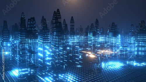 3D Rendering. Motion graphic of Hologram modern city, Futuristic Technology Digital Urban design. AI and smart city concept. Cyberspace. Cyberpunk