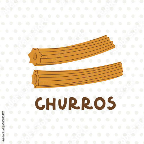 Logo for churros or churreria. Spanish traditional pastries. Vector illustration for design and handwritten text.