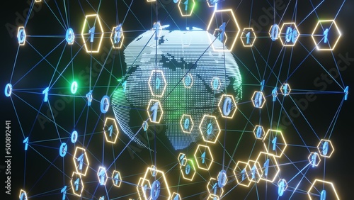 3D Rendering. Artistic infographics binary numbers tunnel and Earth globe rotation. Technology Network Data Connection, Digital Data Network, Cyber Security Concept