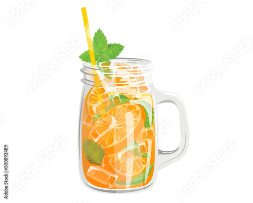 Lemonade in a jar with orange slices, mint leaves and ice cubes.Juice, cocktail with a straw.Vector illustration for cafes, menus, banners, web ads, websites.