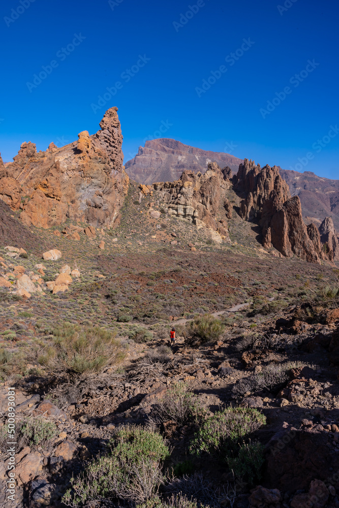 Downhill path in the Roques de Gracia and the Roque Cinchado in the natural area of Teide in Tenerife, Canary Islands
