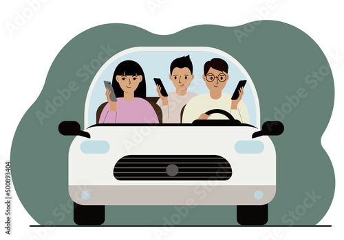 Man using smartphone while driving a car. A man carries his friends in a car. Driving hazard.