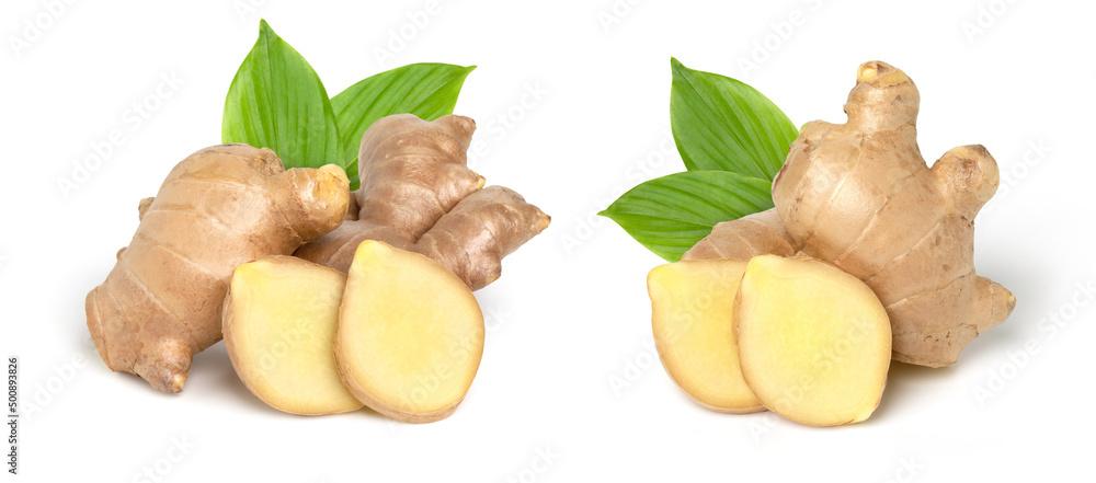Close up, Fresh ginger rhizome with sliced and green leaves isolated on white background, cut out Close up, Fresh ginger rhizome with sliced and green leaves isolated on white background, cut out