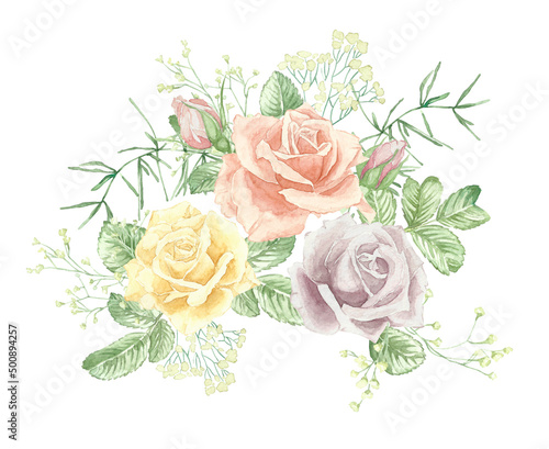 Watercolor floral bouquet illustration with yellow pink lilac flowers green leaves