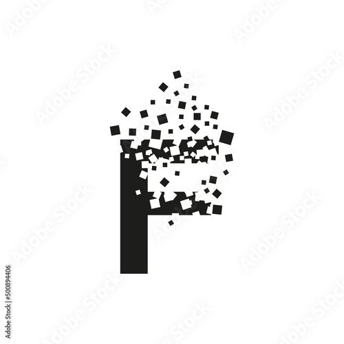The letter F turns into a cloud of squares of different sizes.