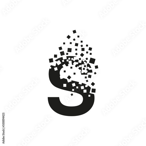 The letter S turns into a cloud of squares of different sizes