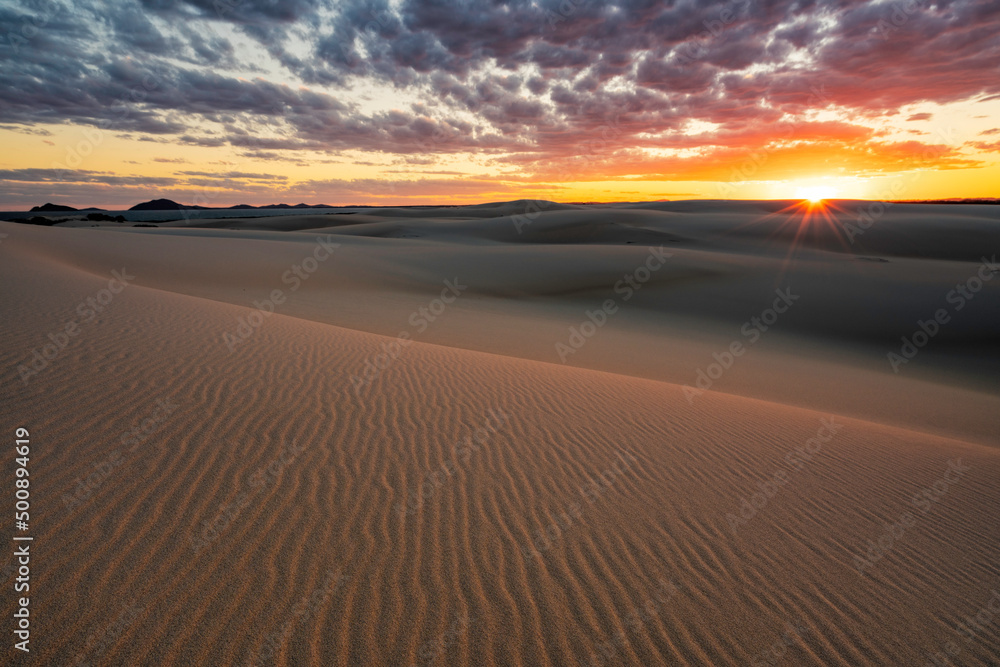 Sunset Over Dark Point Sand Dunes, Myall Lakes National Park, Hawks Nest, NSW, Australia	