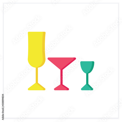 Stemware flat icon. Glassware. Cocktail glass types. Restaurant, bar menu. Wine, daiquiri, vodka glass. Cocktail party and drinking establishment concept. 3d vector illustration