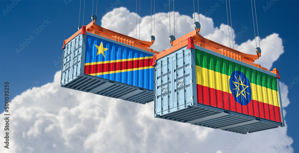 Cargo containers with Ethiopia and Democratic Republic of the Congo national flags. 3D Rendering