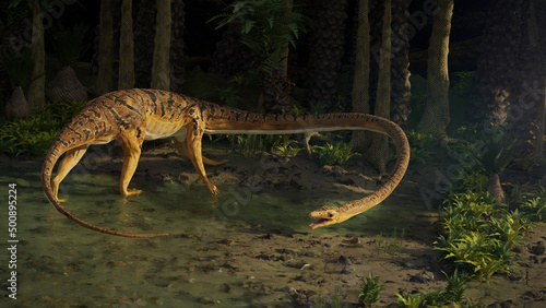 Tanystropheus, extinct reptile in a Triassic fern tree forest