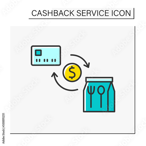 Purchase color icon. Digital shopping. Refunding small percentage of money from food ordering. Cashback service concept. Isolated vector illustration