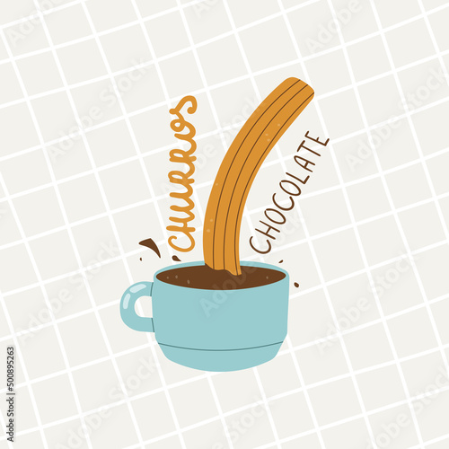 Logo for churreria. Churros and chocolate. Spanish traditional pastries for breakfast. Vector illustration for design and handwritten text.