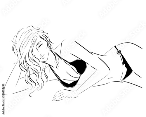 水着を着て寝そべる女性　線画