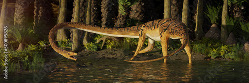 Tanystropheus, extinct reptile in a Triassic fern tree forest, paleoart banner © dottedyeti