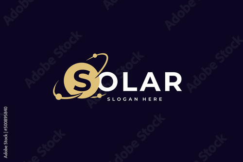Solar Logo creative modern concept design premium. Orbits planets in round icon for logo IT, concept design from space exploration, astrology. Vector illustration