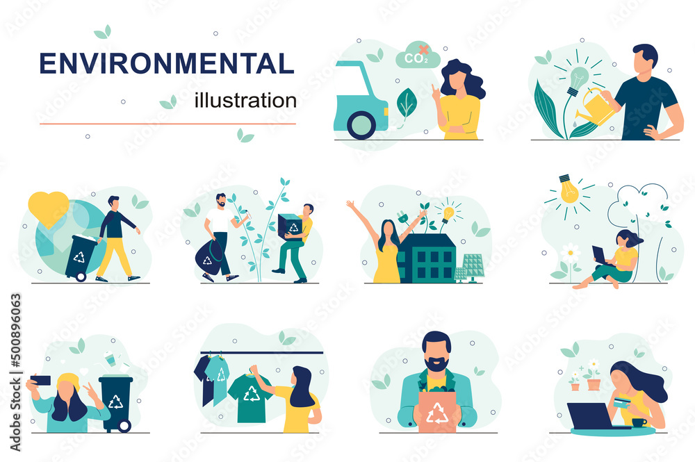 Environmental concept with people scenes set in flat design. Men and women collecting, separating and recycling trash, zero waste, green energy. Vector illustration visual stories collection for web